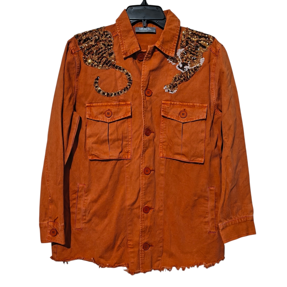 Burnt Orange Sequin Embellished Cheetah Fringed Hem Jacket Grunge Chic